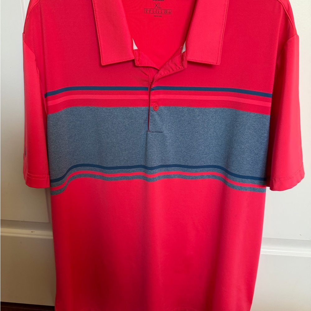 adidas Men’s Red Polo Shirt with Gray and Navy Stripes